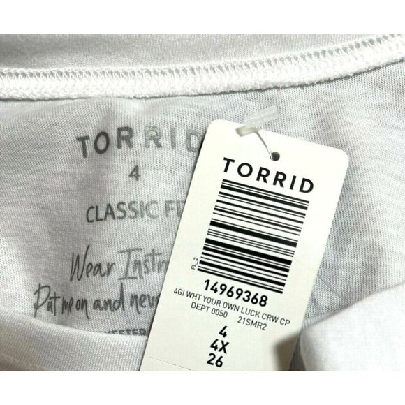Torrid +5 White Crew Neck Horseshoe Make Your Own Luck Graphic Short Sleeve Tee - Picture 6 of 7
